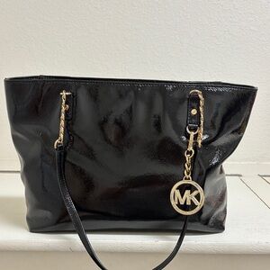 Michael Kors Shiny Black Tote with Gold Accents